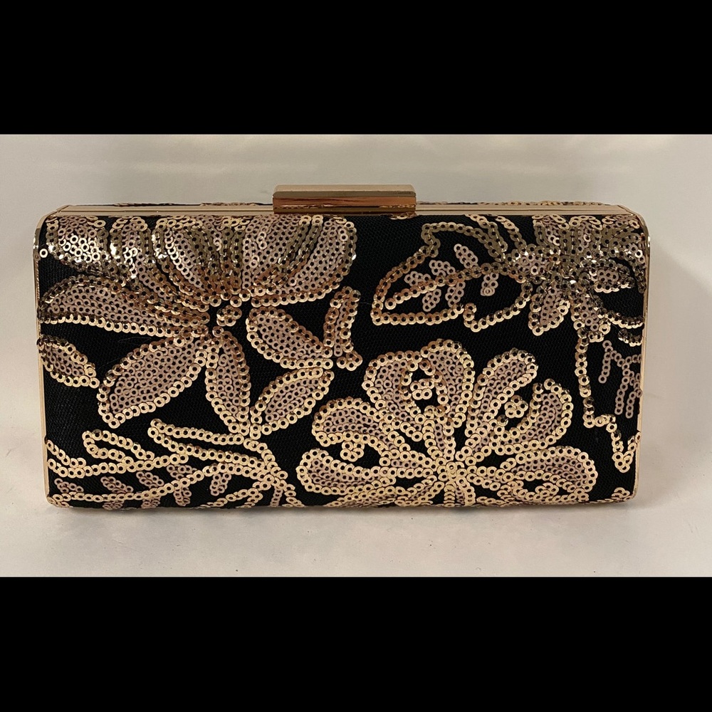NWT Gold and Black Sequin Clutch with Strap